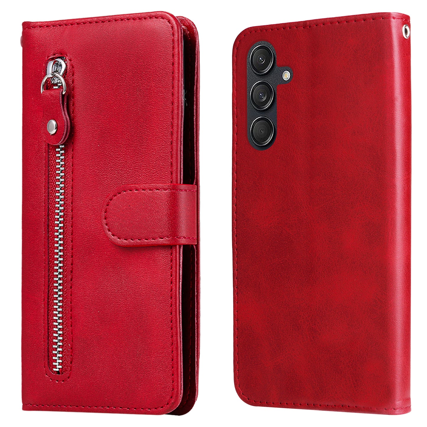 For Samsung Galaxy M55 5G Case Calf Texture Zipper Pocket Wallet Mobile Phone Cover - Red
