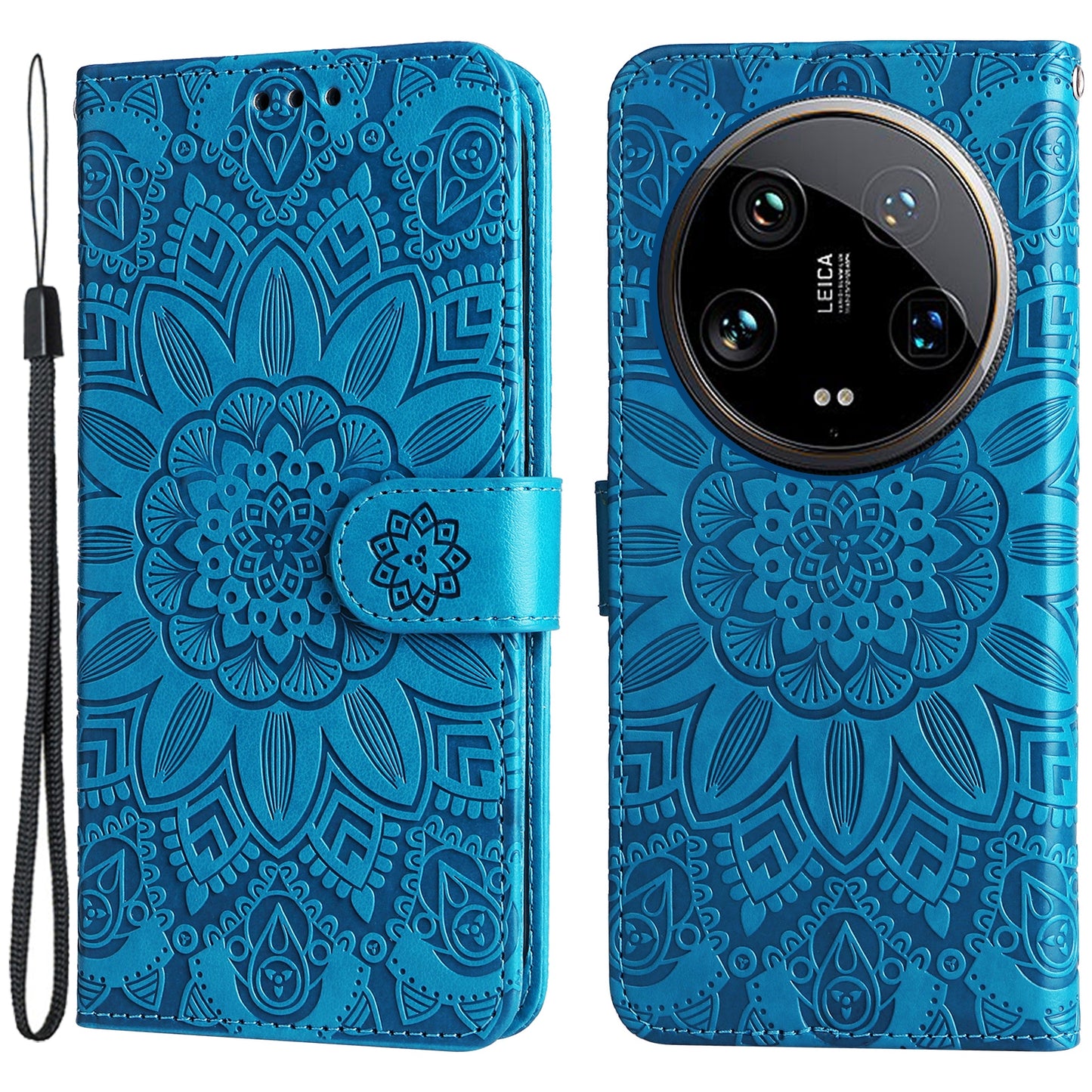 For Xiaomi 14 Ultra Case Imprinted PU Leather Stand Phone Cover with Wrist Strap - Blue