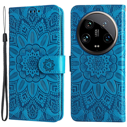For Xiaomi 14 Ultra Case Imprinted PU Leather Stand Phone Cover with Wrist Strap - Blue