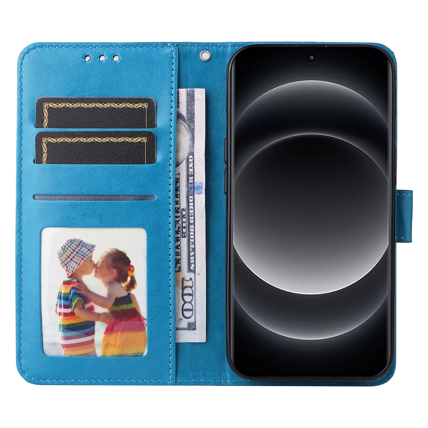 For Xiaomi 14 Ultra Case Imprinted PU Leather Stand Phone Cover with Wrist Strap - Blue