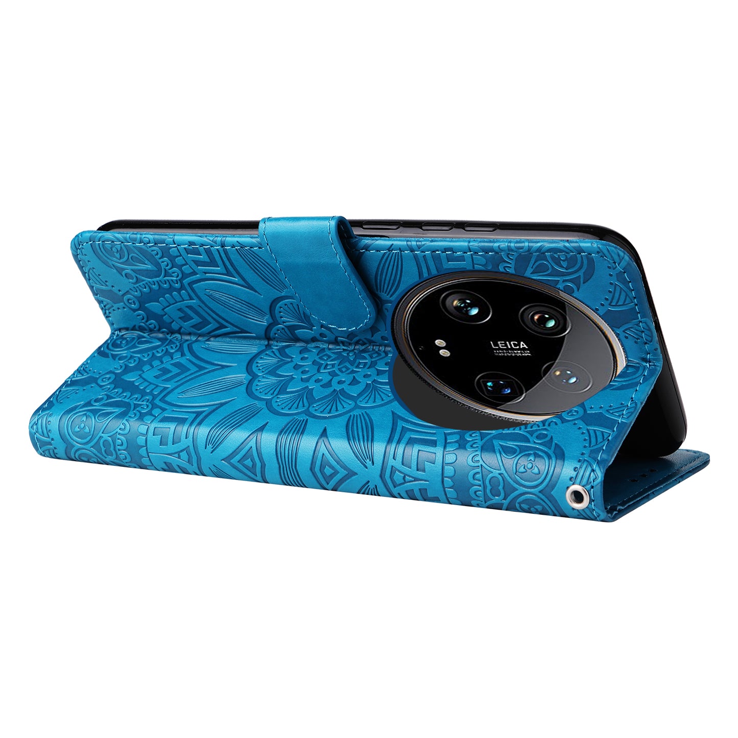 For Xiaomi 14 Ultra Case Imprinted PU Leather Stand Phone Cover with Wrist Strap - Blue