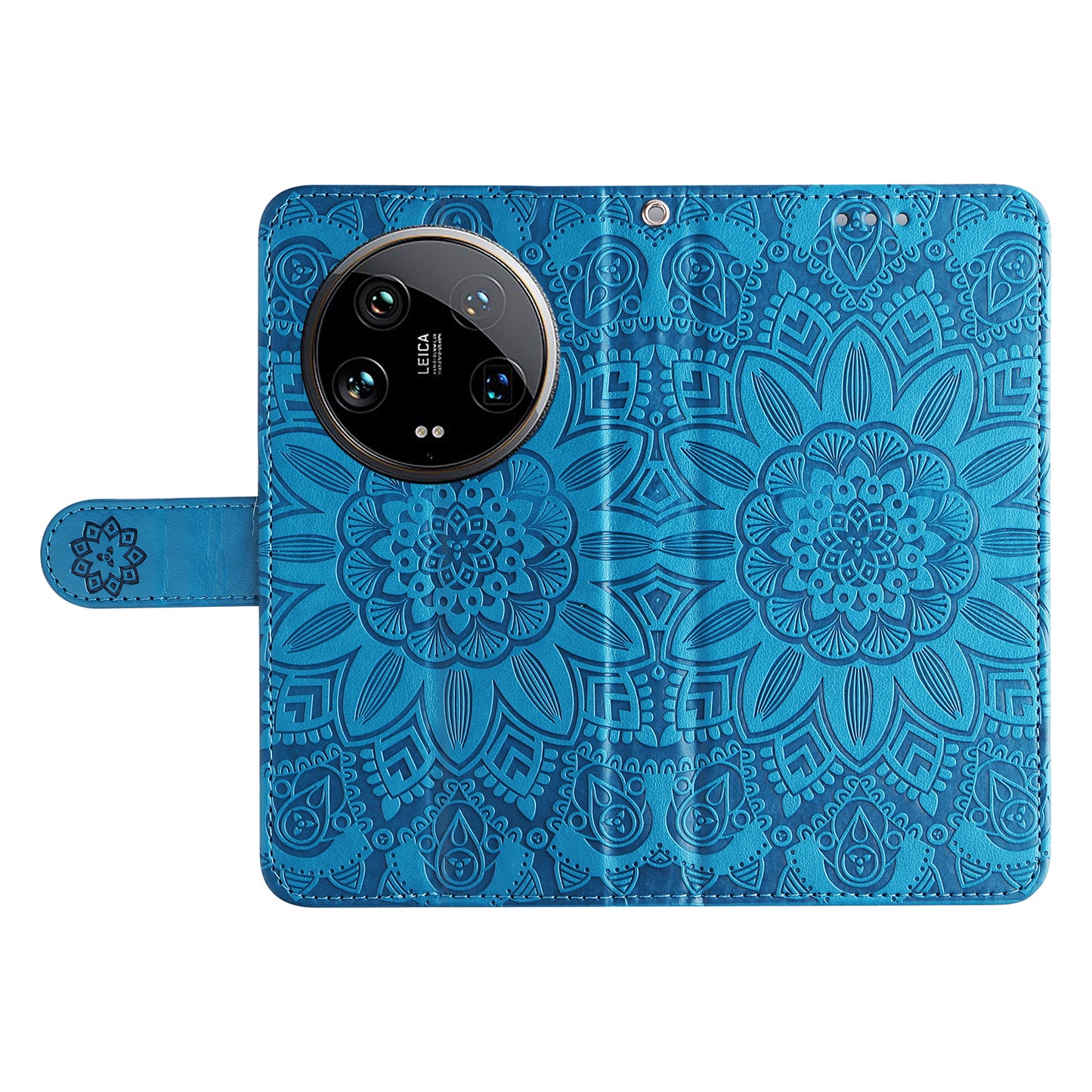 For Xiaomi 14 Ultra Case Imprinted PU Leather Stand Phone Cover with Wrist Strap - Blue