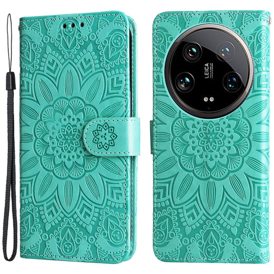 For Xiaomi 14 Ultra Case Imprinted PU Leather Stand Phone Cover with Wrist Strap - Green