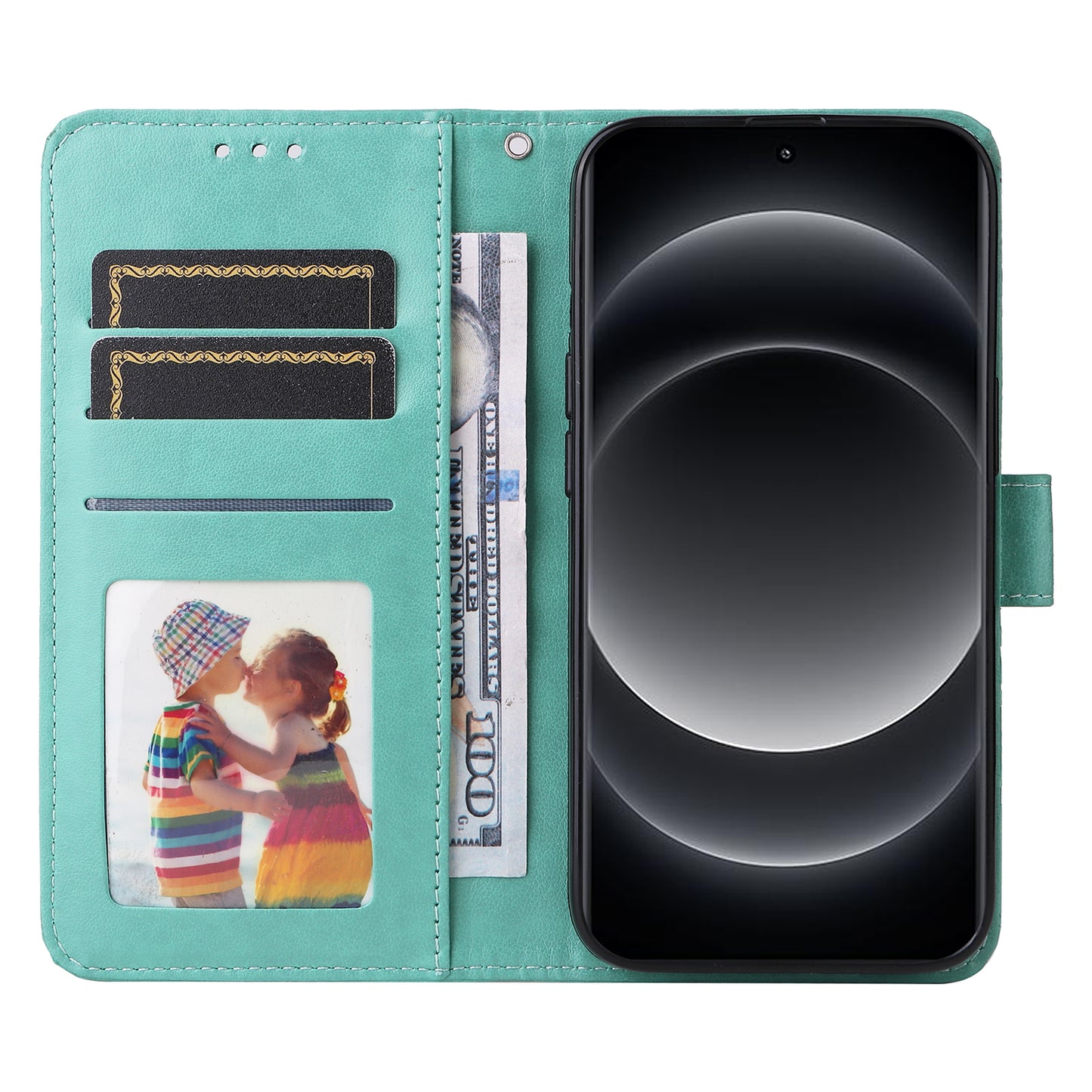 For Xiaomi 14 Ultra Case Imprinted PU Leather Stand Phone Cover with Wrist Strap - Green