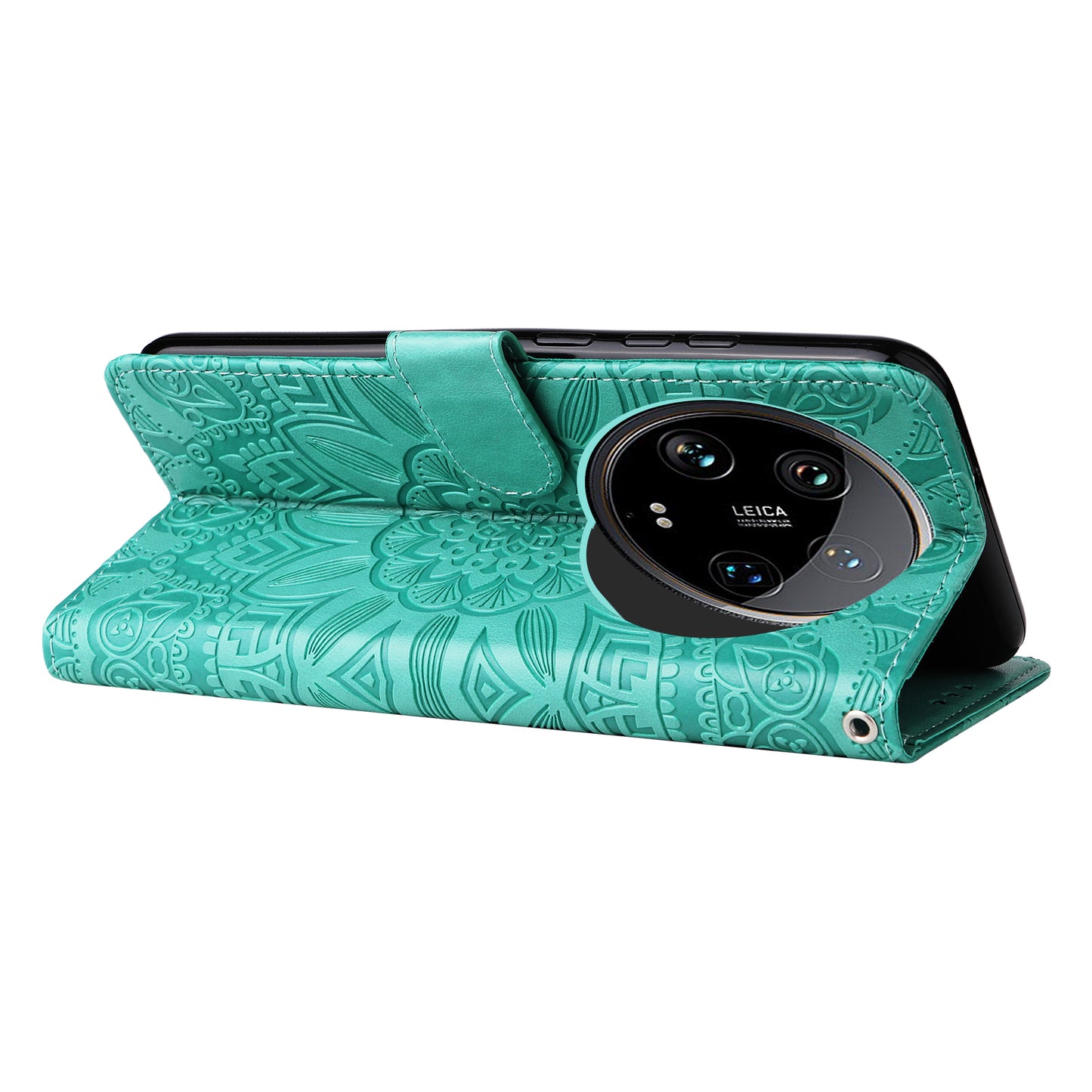 For Xiaomi 14 Ultra Case Imprinted PU Leather Stand Phone Cover with Wrist Strap - Green