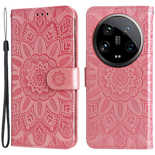 For Xiaomi 14 Ultra Case Imprinted PU Leather Stand Phone Cover with Wrist Strap - Pink