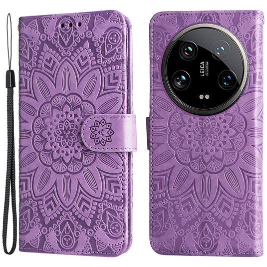 For Xiaomi 14 Ultra Case Imprinted PU Leather Stand Phone Cover with Wrist Strap - Purple
