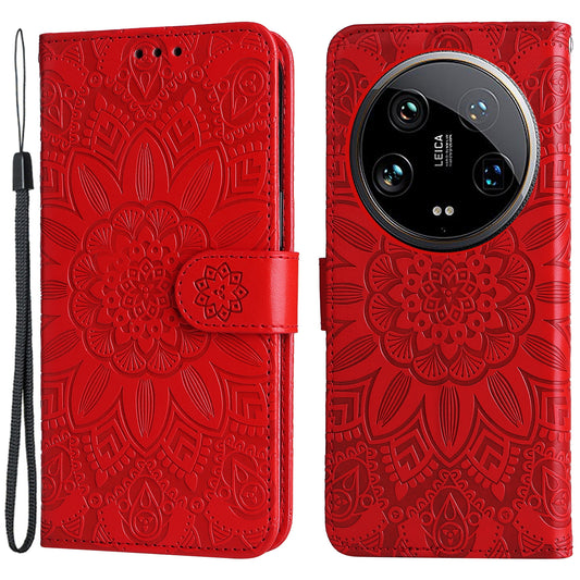 For Xiaomi 14 Ultra Case Imprinted PU Leather Stand Phone Cover with Wrist Strap - Red