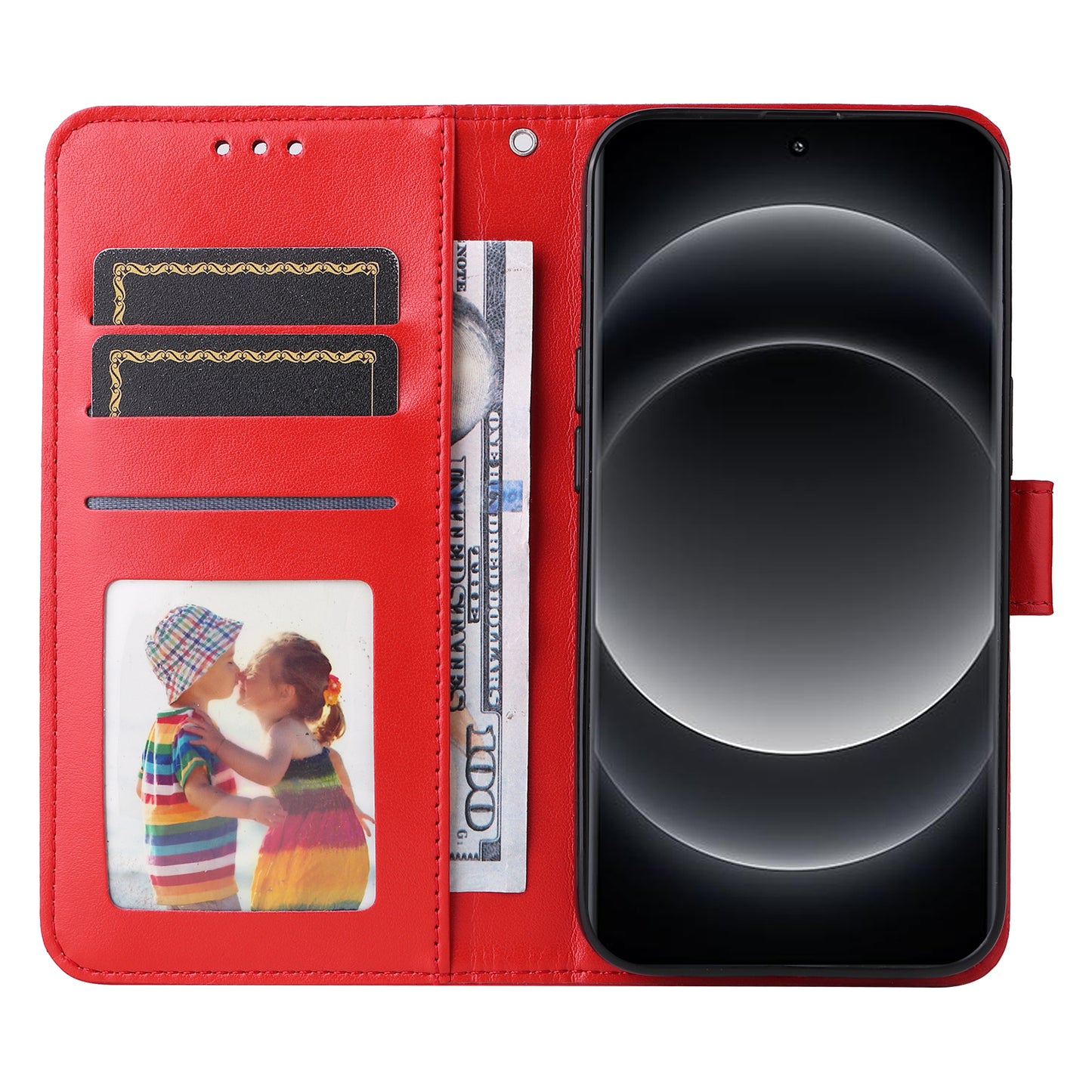For Xiaomi 14 Ultra Case Imprinted PU Leather Stand Phone Cover with Wrist Strap - Red