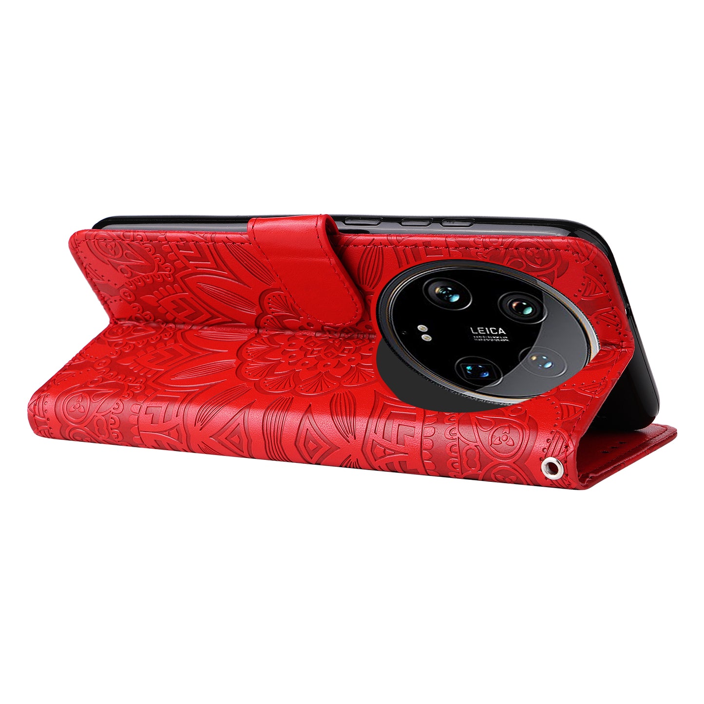 For Xiaomi 14 Ultra Case Imprinted PU Leather Stand Phone Cover with Wrist Strap - Red