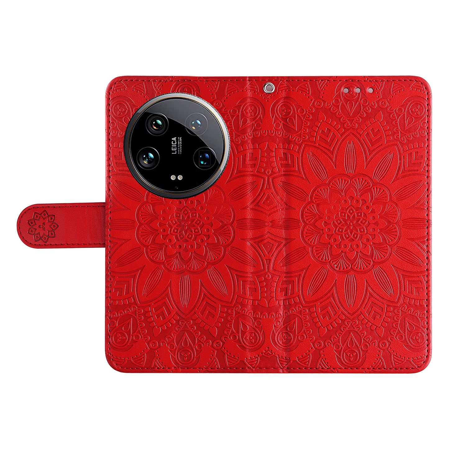 For Xiaomi 14 Ultra Case Imprinted PU Leather Stand Phone Cover with Wrist Strap - Red