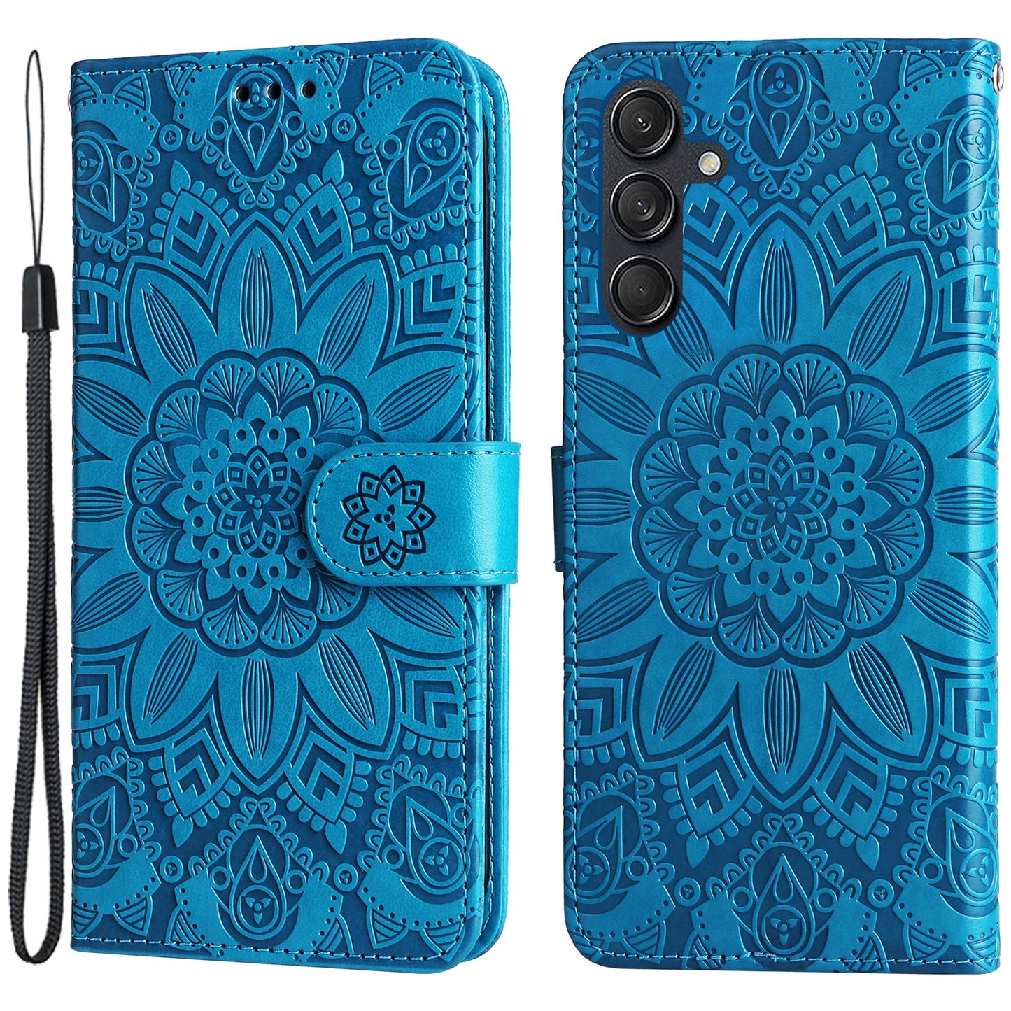 For Samsung Galaxy M55 5G Leather Case Wallet Stand Sunflower Phone Cover - Blue