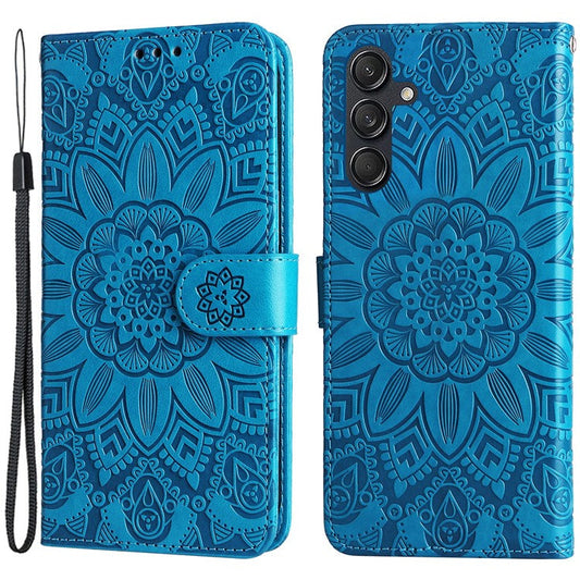 For Samsung Galaxy M55 5G / C55 5G / F55 5G Leather Case Wallet Stand Sunflower Phone Cover - Blue