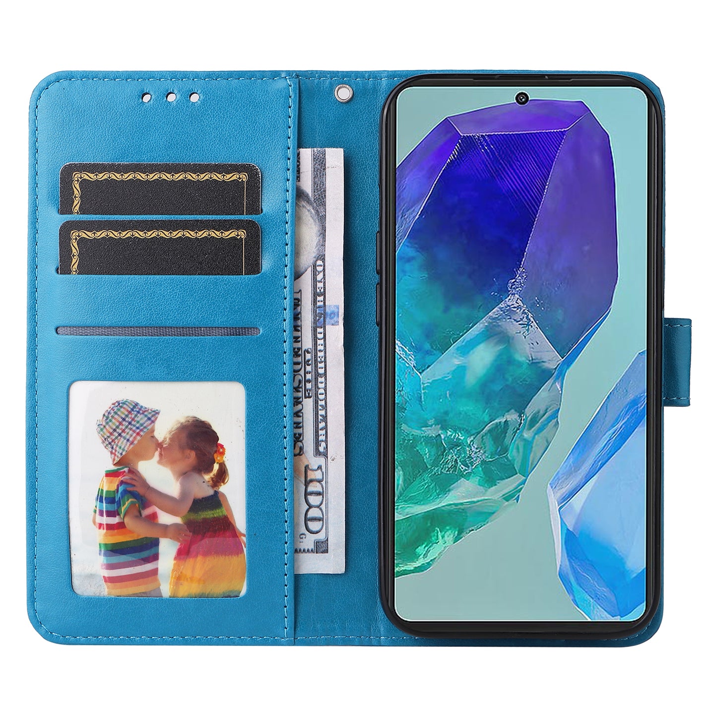 For Samsung Galaxy M55 5G Leather Case Wallet Stand Sunflower Phone Cover - Blue