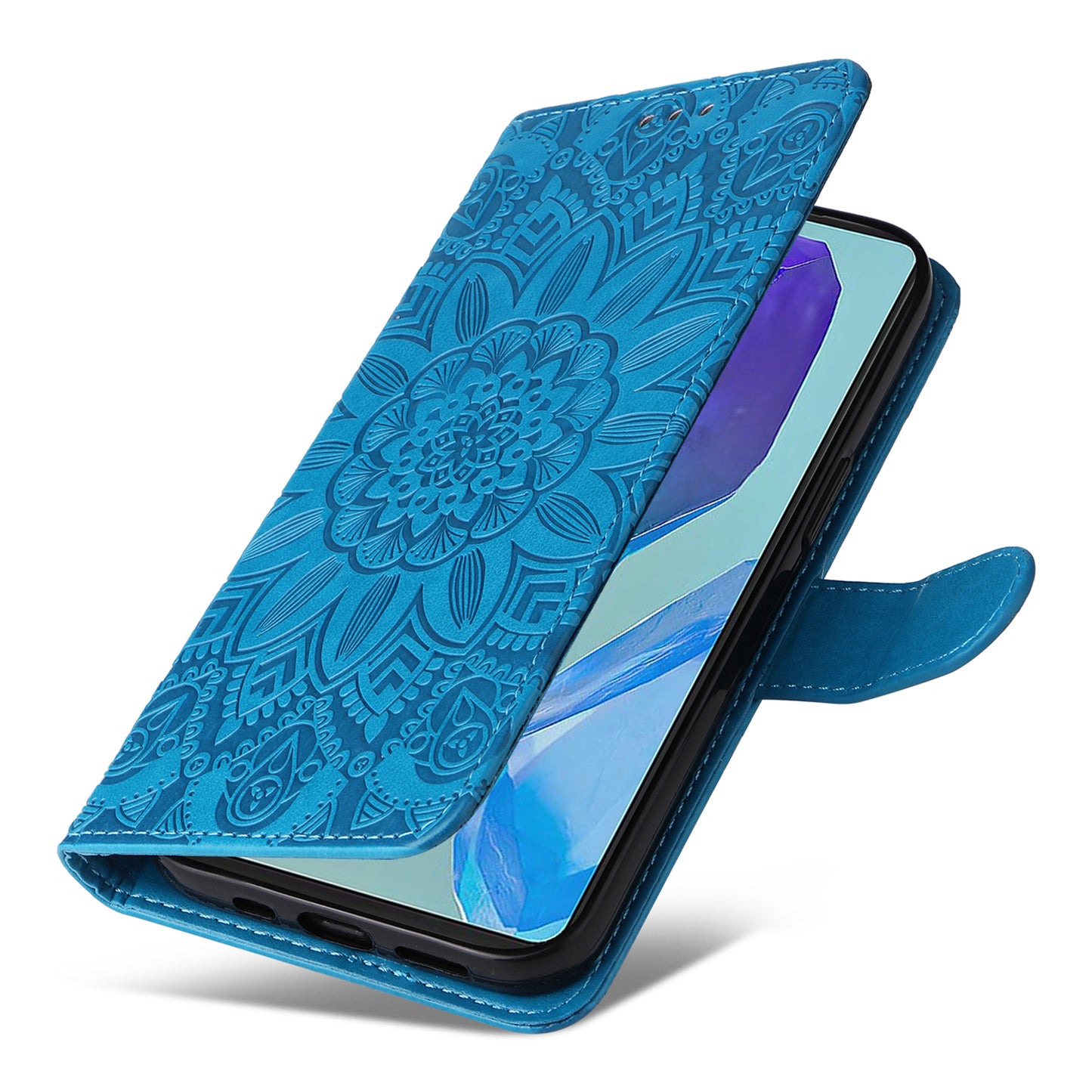 For Samsung Galaxy M55 5G Leather Case Wallet Stand Sunflower Phone Cover - Blue