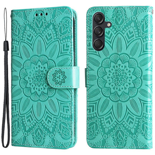 For Samsung Galaxy M55 5G / C55 5G / F55 5G Leather Case Wallet Stand Sunflower Phone Cover - Green