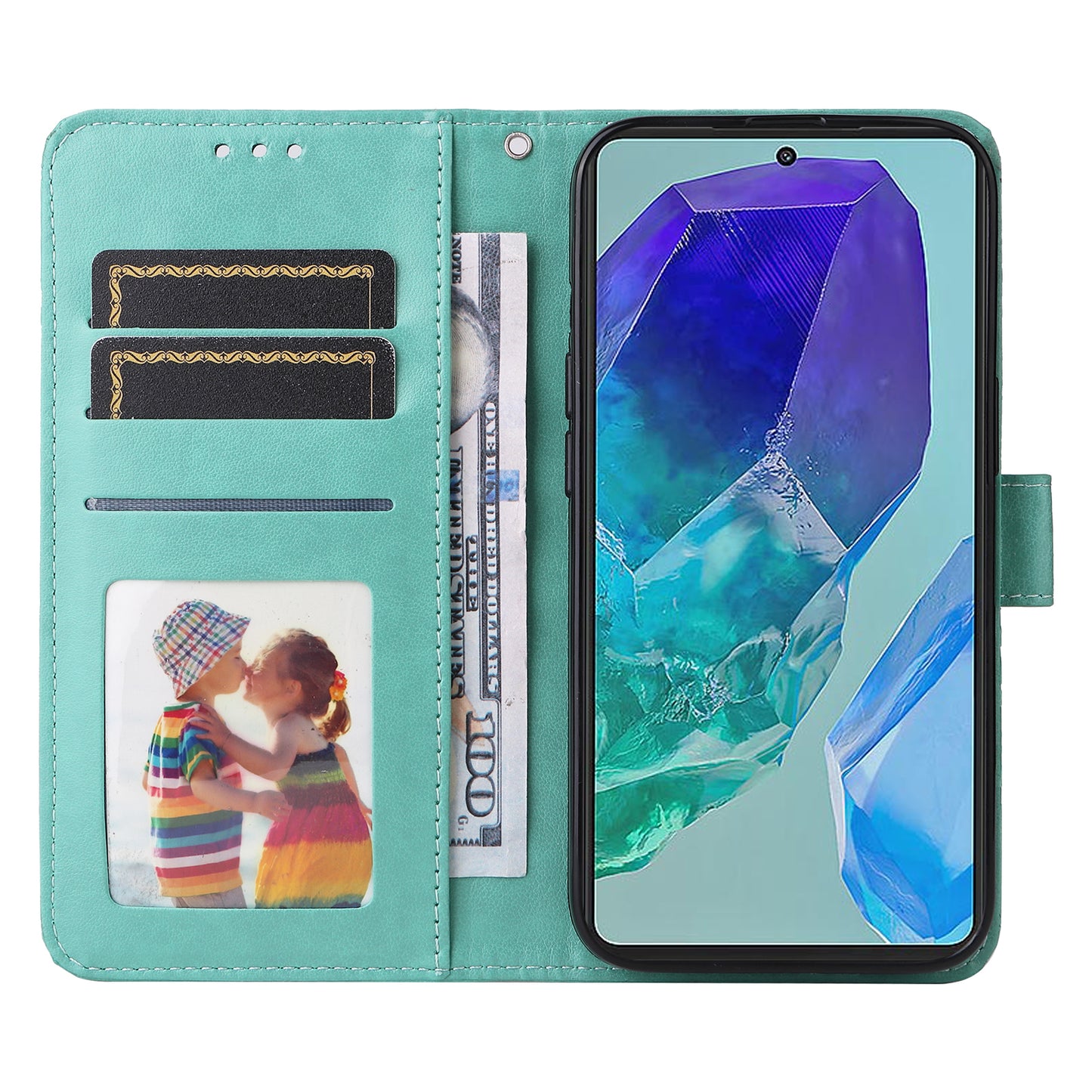 For Samsung Galaxy M55 5G Leather Case Wallet Stand Sunflower Phone Cover - Green
