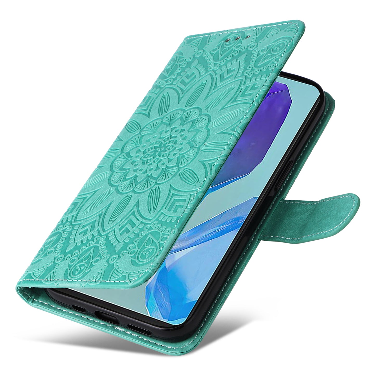 For Samsung Galaxy M55 5G Leather Case Wallet Stand Sunflower Phone Cover - Green