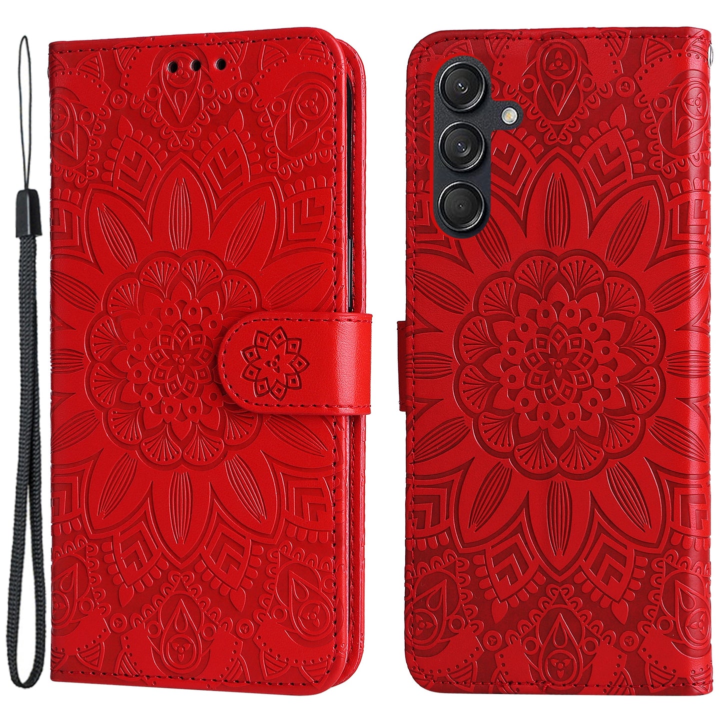 For Samsung Galaxy M55 5G Leather Case Wallet Stand Sunflower Phone Cover - Red