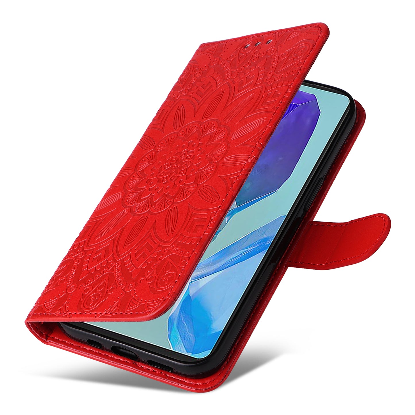 For Samsung Galaxy M55 5G Leather Case Wallet Stand Sunflower Phone Cover - Red