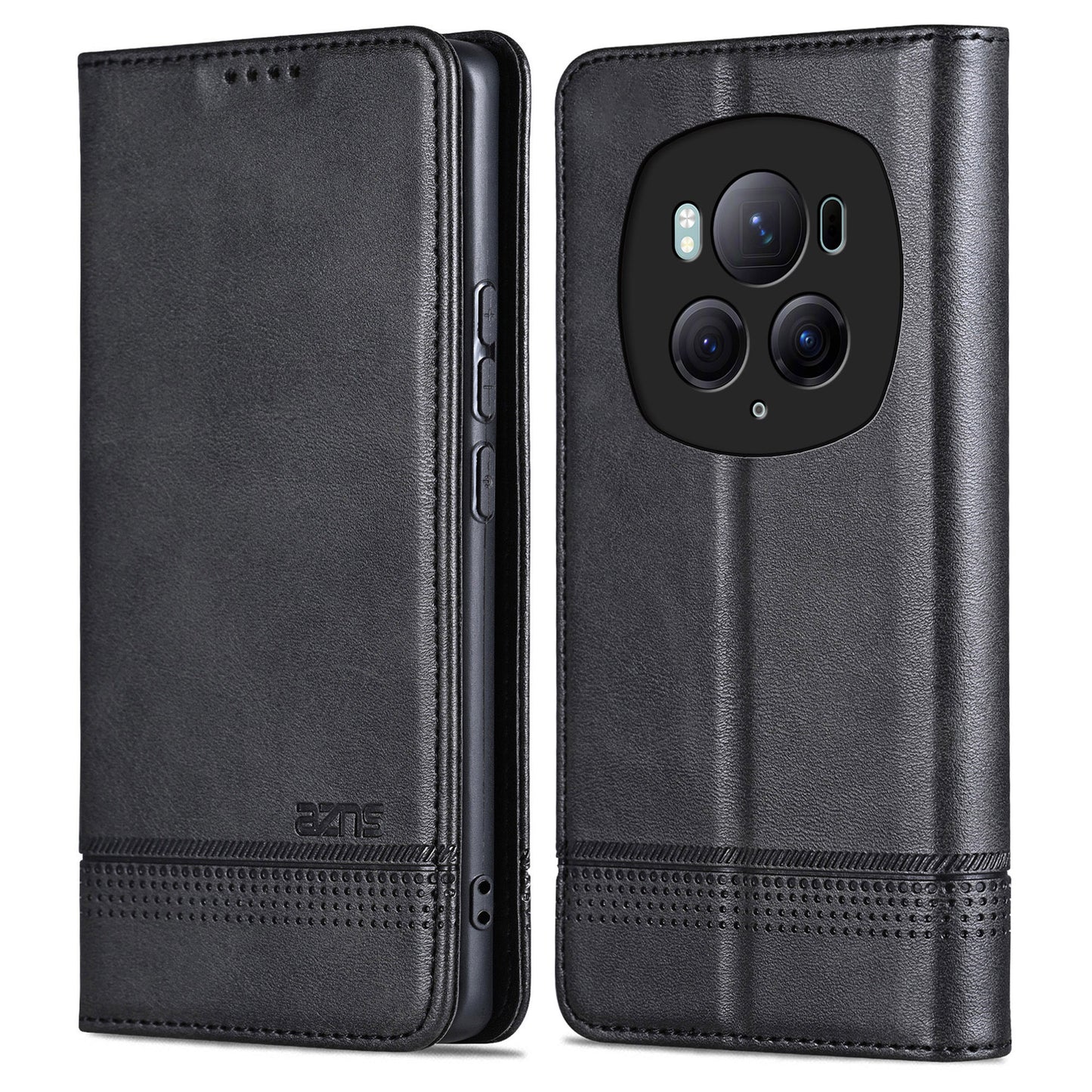AZNS For Honor Magic6 Pro 5G Magnetic Case Cowhide Texture Leather Phone Stand Cover - Black