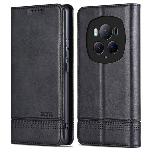 AZNS For Honor Magic6 Pro 5G Magnetic Case Cowhide Texture Leather Phone Stand Cover - Black