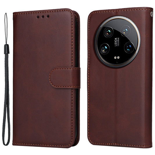 For Xiaomi 14 Ultra Case 3 Slots Holder Calf Texture Magnetic Clasp Phone Cover - Brown