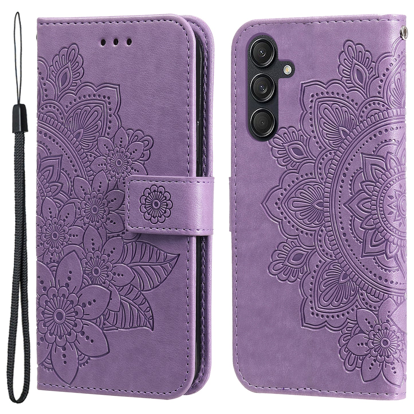 For Samsung Galaxy M55 5G Case Flower Imprinted Leather Phone Wallet Cover - Purple