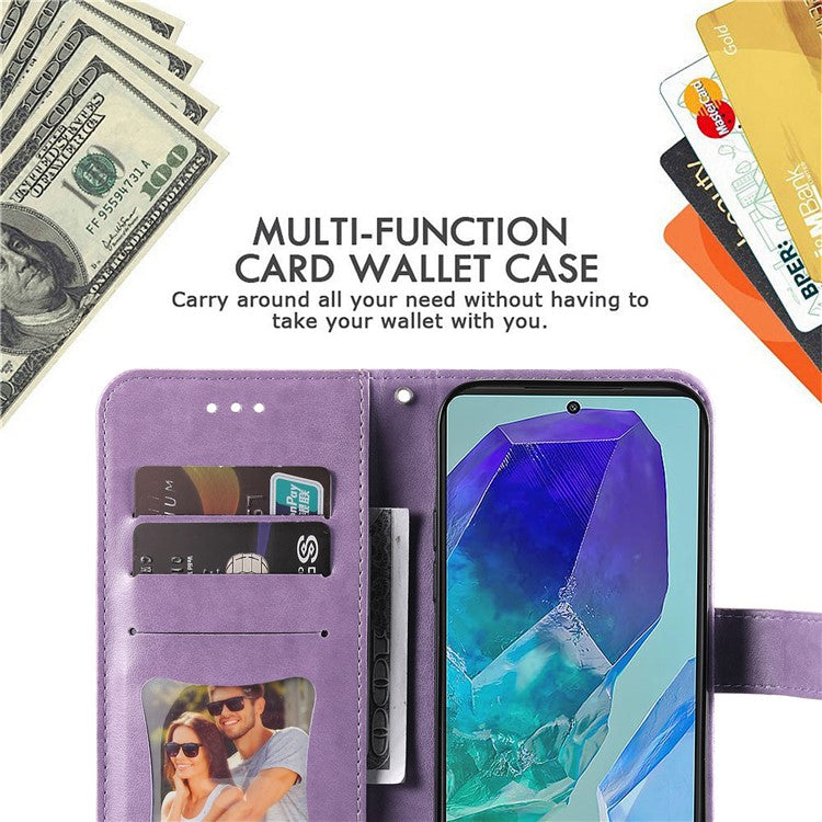 For Samsung Galaxy M55 5G / C55 5G / F55 5G Case Floral Pattern PU Leather Wallet Stand Phone Cover - Purple