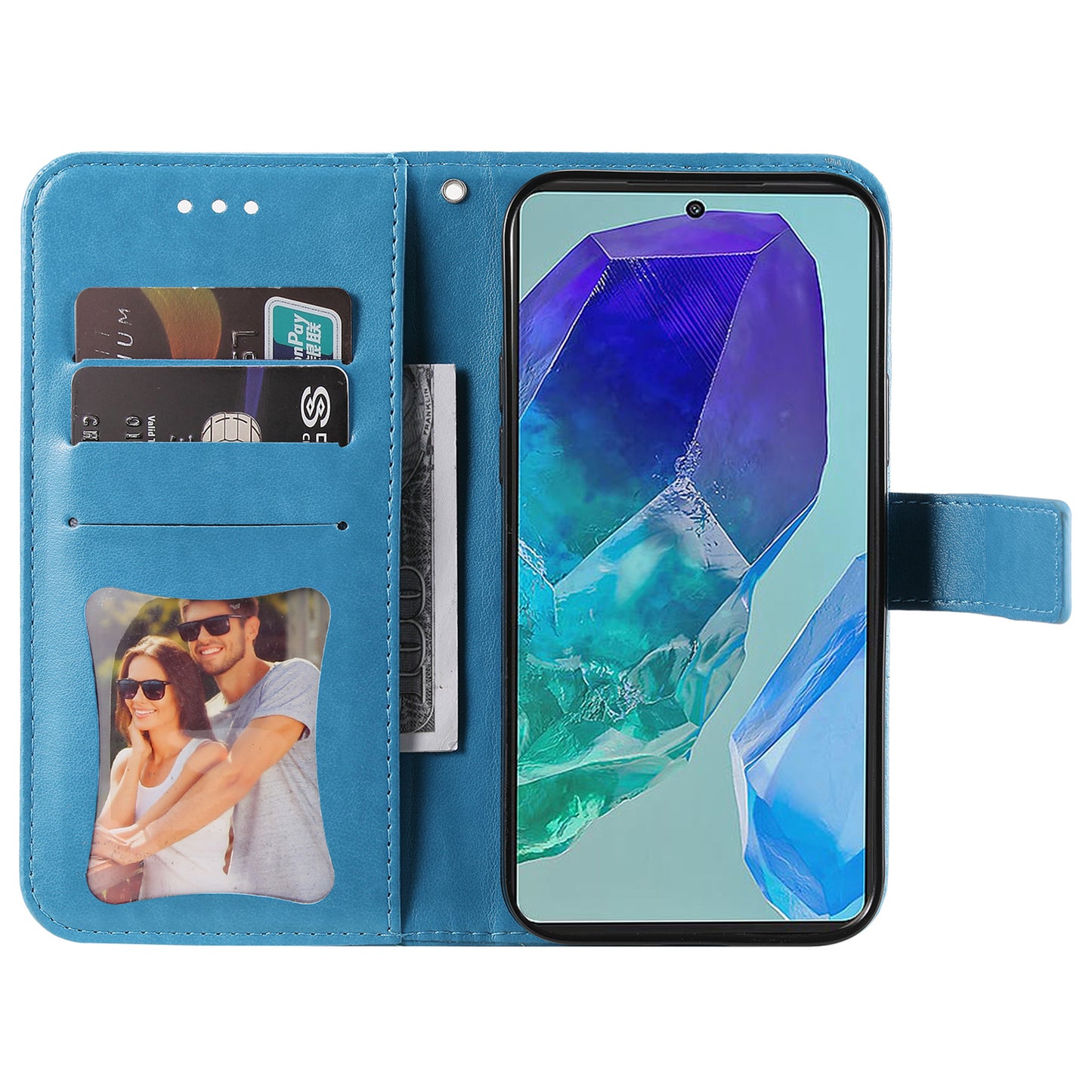 For Samsung Galaxy M55 5G Case Flower Imprinted Leather Phone Wallet Cover - Blue