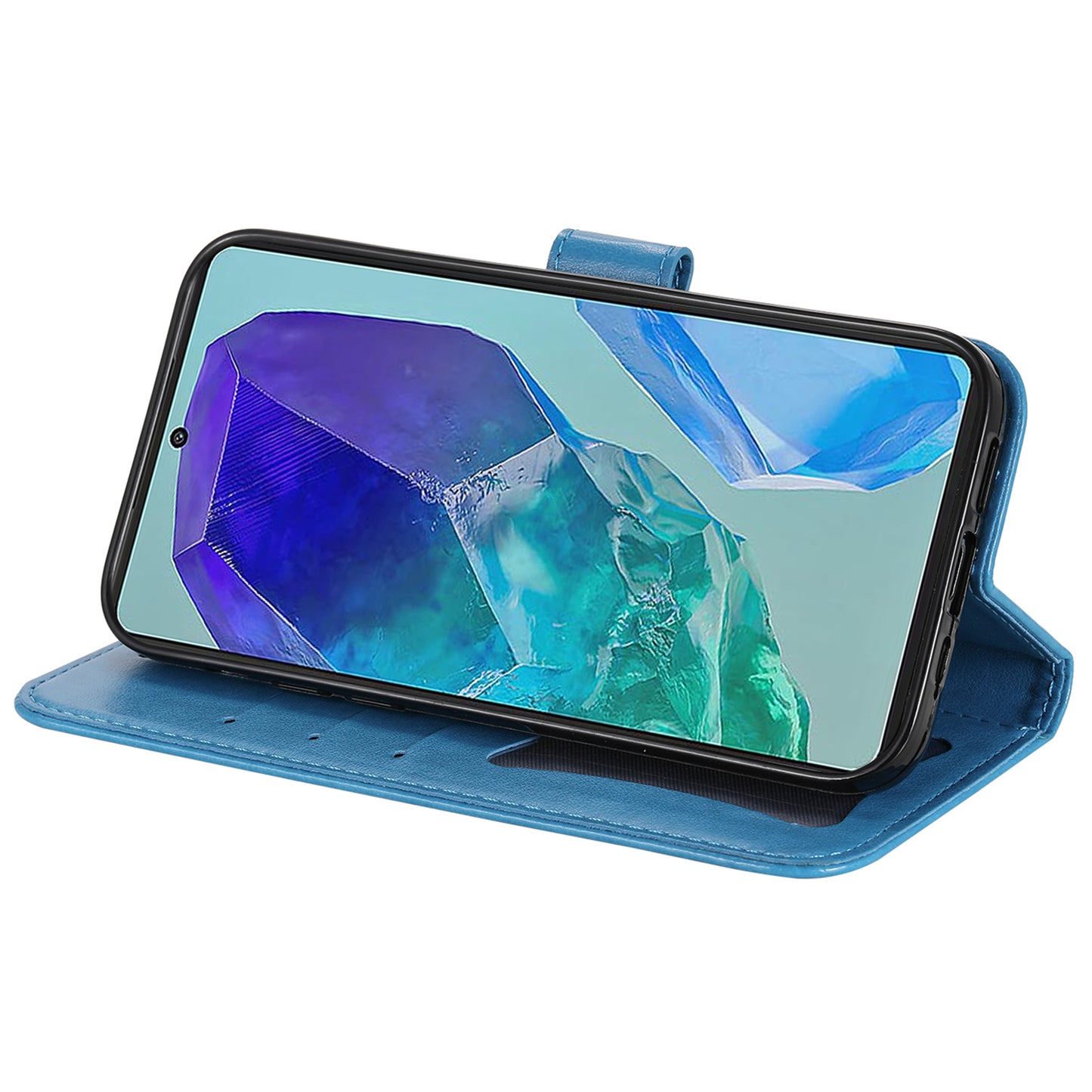 For Samsung Galaxy M55 5G Case Flower Imprinted Leather Phone Wallet Cover - Blue