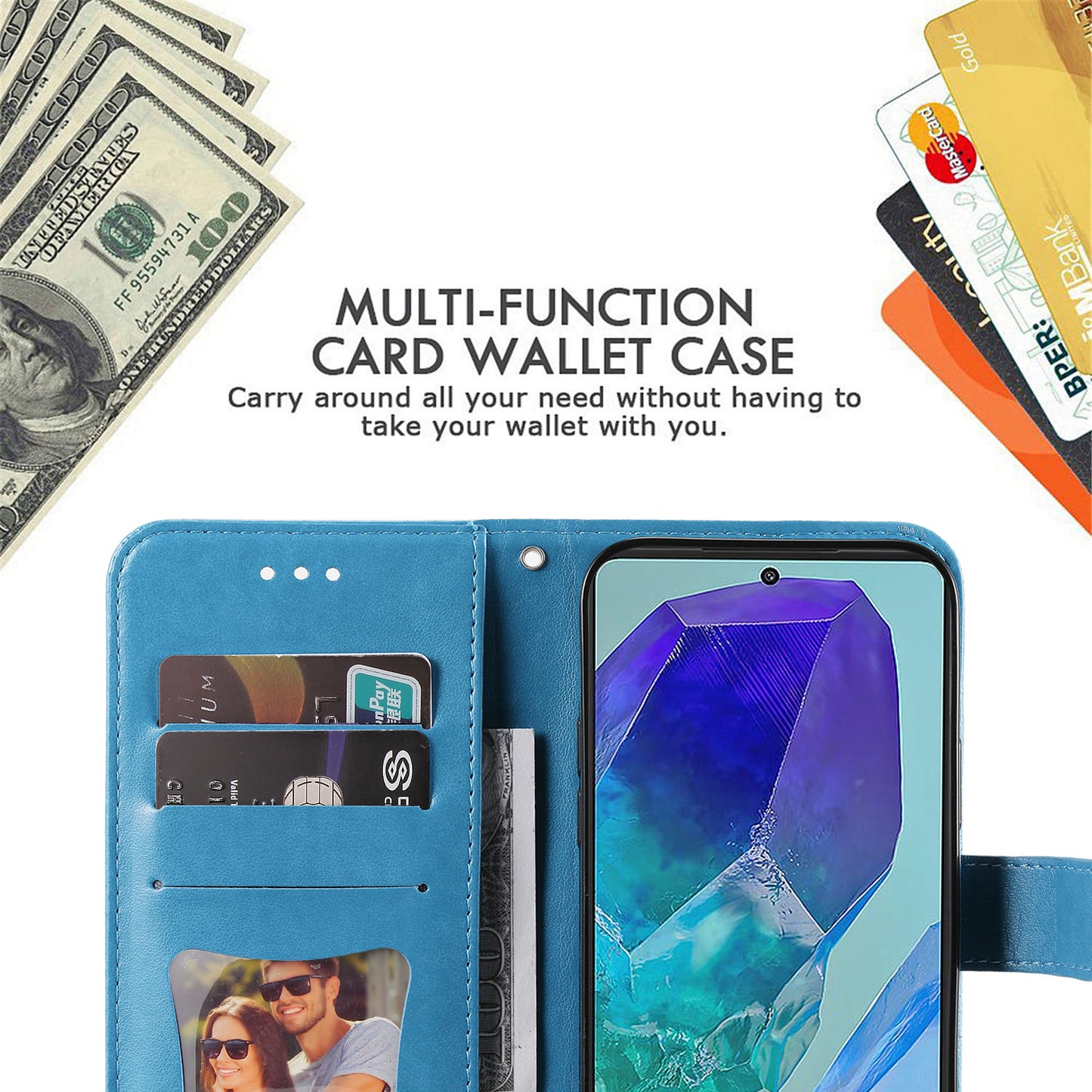 For Samsung Galaxy M55 5G Case Flower Imprinted Leather Phone Wallet Cover - Blue