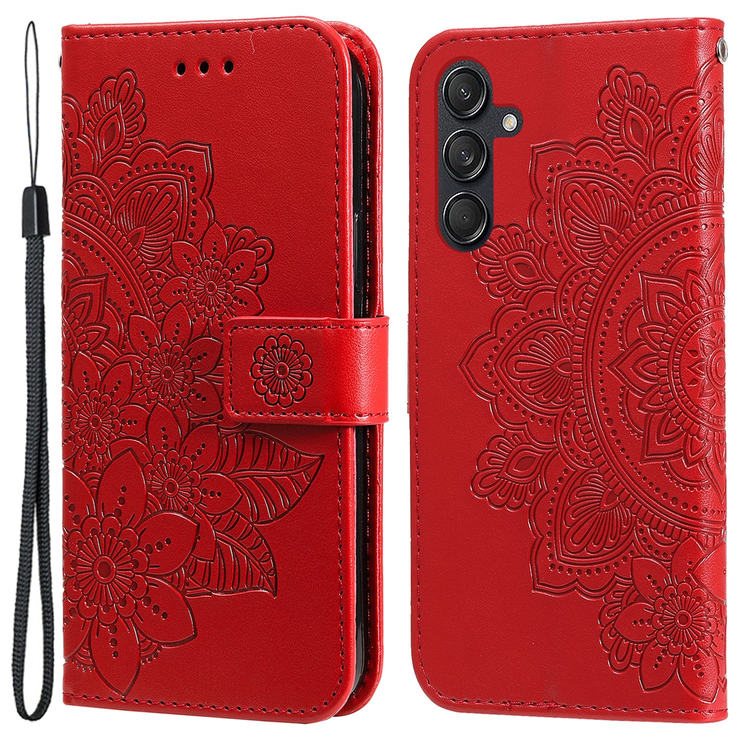 For Samsung Galaxy M55 5G Case Flower Imprinted Leather Phone Wallet Cover - Red