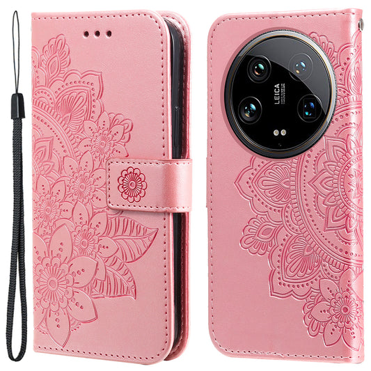 For Xiaomi 14 Ultra Wallet Case Flower Imprinted Leather Phone Cover - Pink