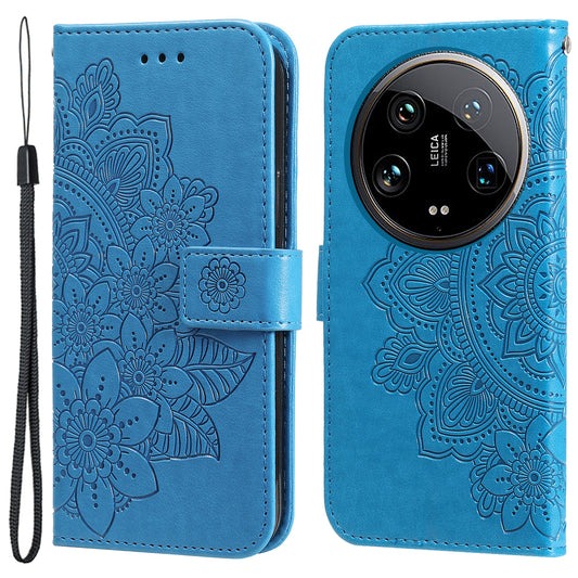 For Xiaomi 14 Ultra Wallet Case Flower Imprinted Leather Phone Cover - Blue