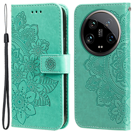 For Xiaomi 14 Ultra Wallet Case Flower Imprinted Leather Phone Cover - Green