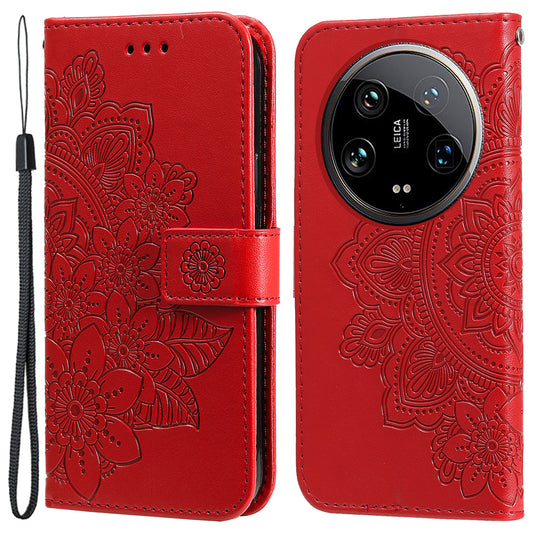 For Xiaomi 14 Ultra Wallet Case Flower Imprinted Leather Phone Cover - Red
