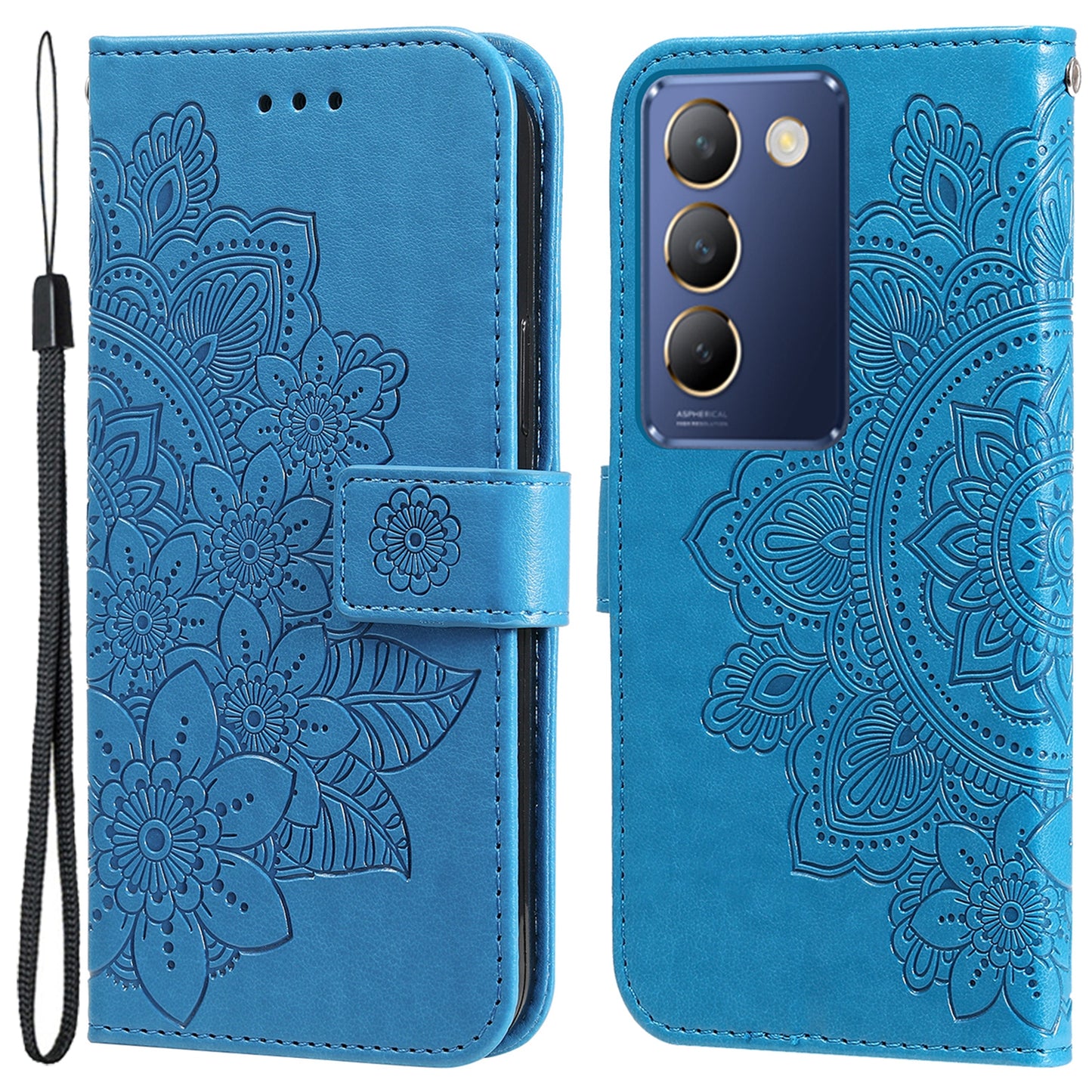 For vivo Y100 5G (Indonesia) / Y200e 5G / T3 5G / V30 Lite 4G Leather Wallet Case Flower Phone Cover - Blue