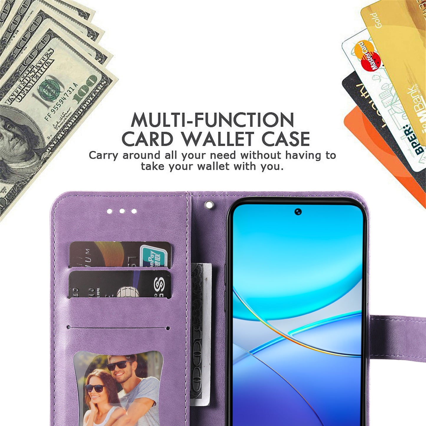 For vivo Y100 5G (Indonesia) / Y200e 5G / T3 5G / V30 Lite 4G Leather Wallet Case Flower Phone Cover - Purple