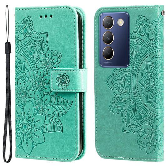 For vivo Y100 5G (Indonesia) / Y200e 5G / T3 5G / V30 Lite 4G Leather Wallet Case Flower Phone Cover - Green