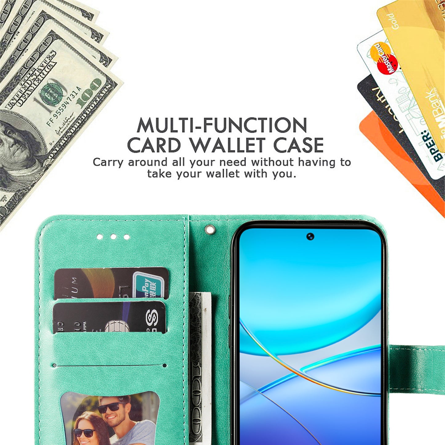 For vivo Y100 5G (Indonesia) / Y200e 5G / T3 5G / V30 Lite 4G Leather Wallet Case Flower Phone Cover - Green