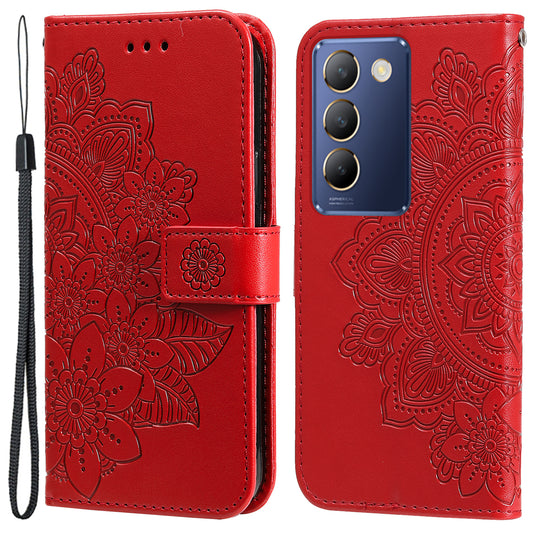 For vivo Y100 5G (Indonesia) / Y200e 5G / T3 5G / V30 Lite 4G Leather Wallet Case Flower Phone Cover - Red