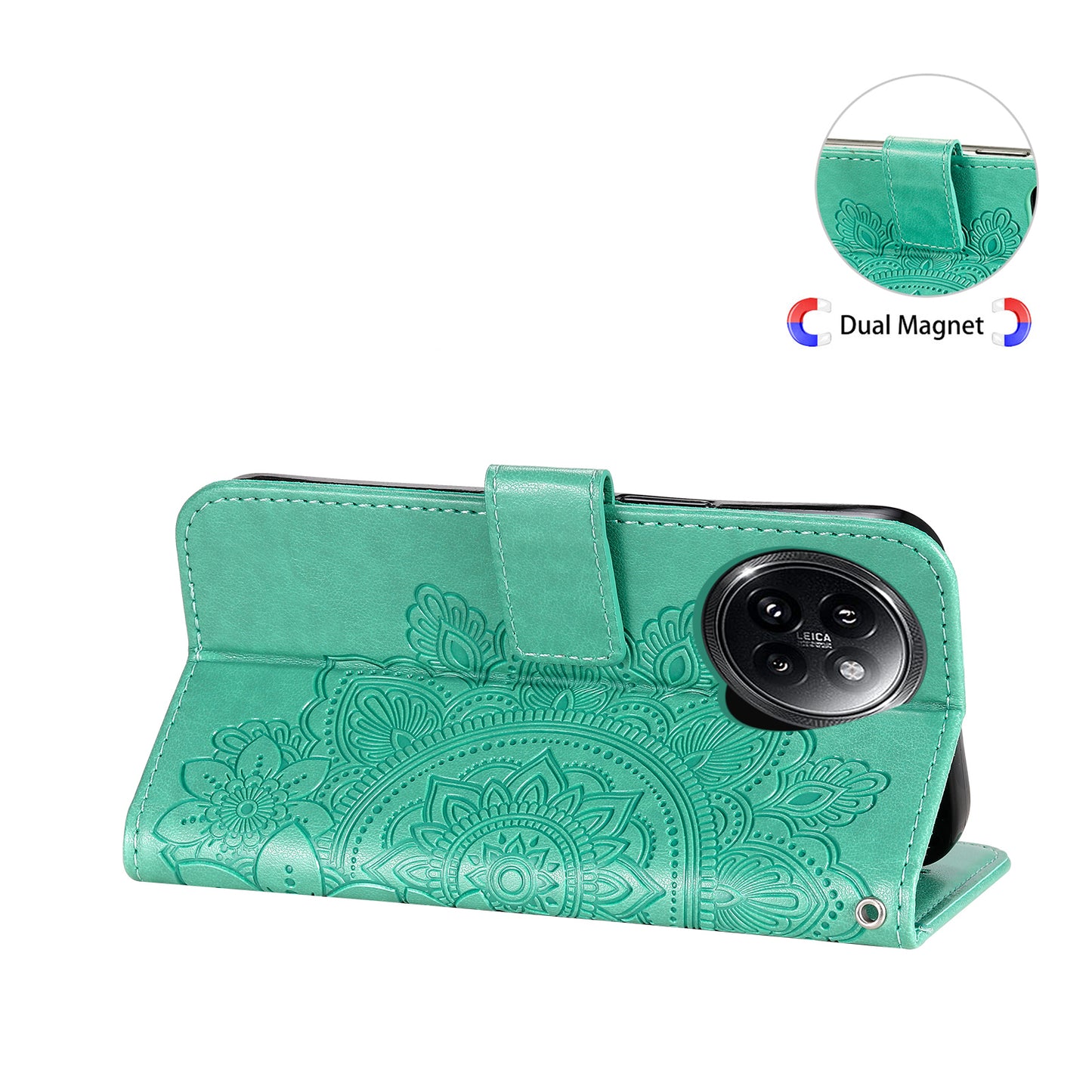 For Xiaomi Civi 4 Pro 5G Case Imprinted Flower Pattern Card Holder Phone Cover - Green
