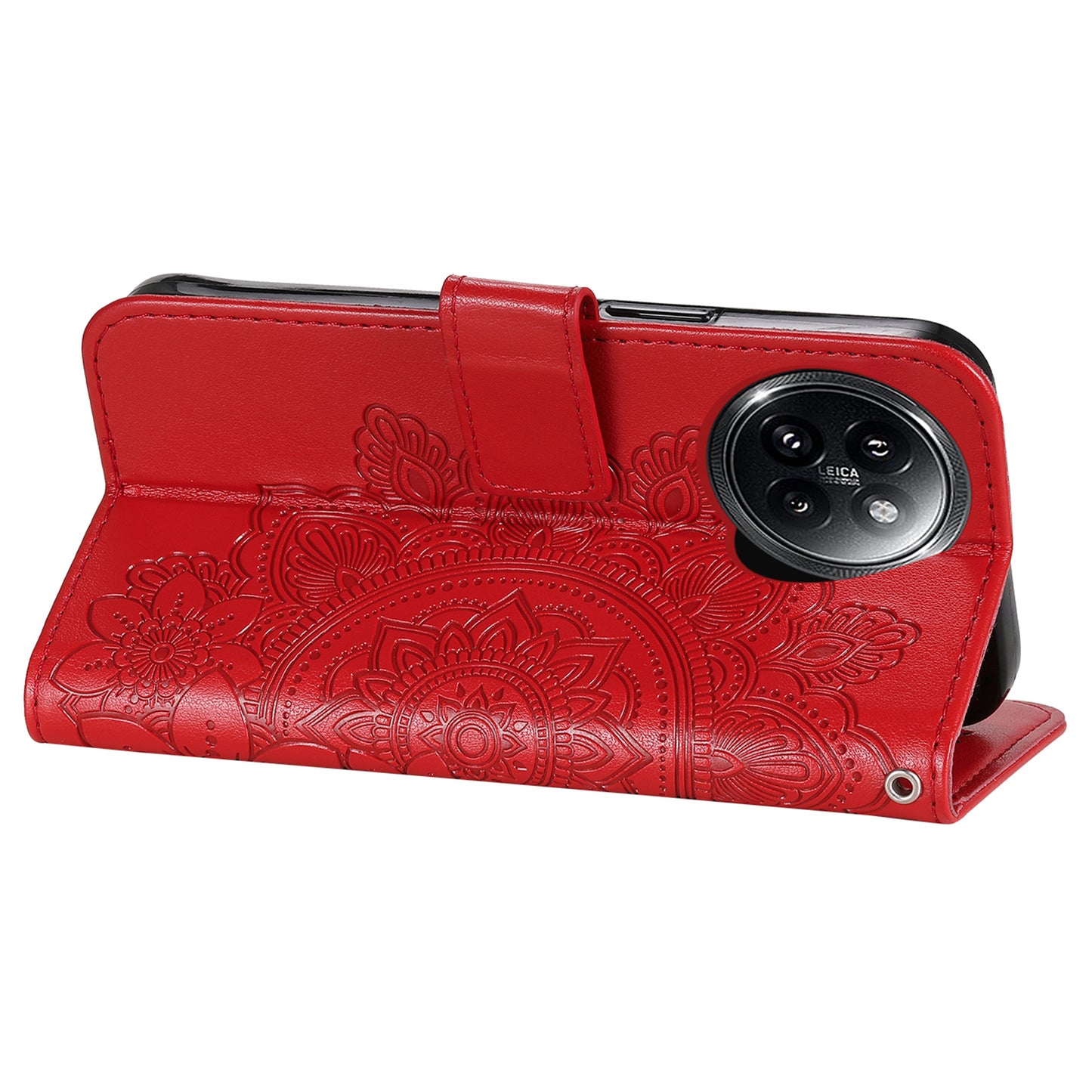 For Xiaomi Civi 4 Pro 5G Case Imprinted Flower Pattern Card Holder Phone Cover - Red