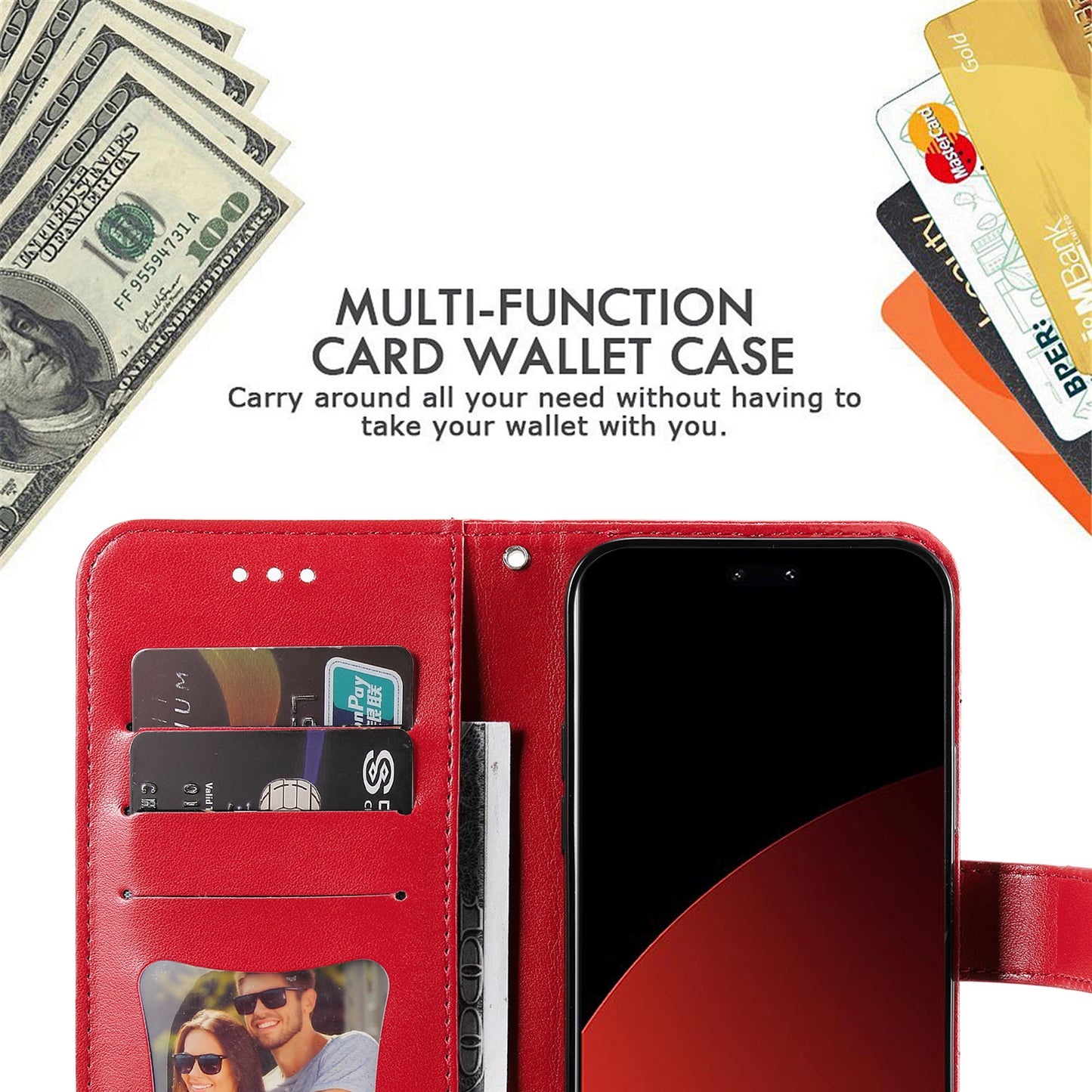For Xiaomi Civi 4 Pro 5G Case Imprinted Flower Pattern Card Holder Phone Cover - Red