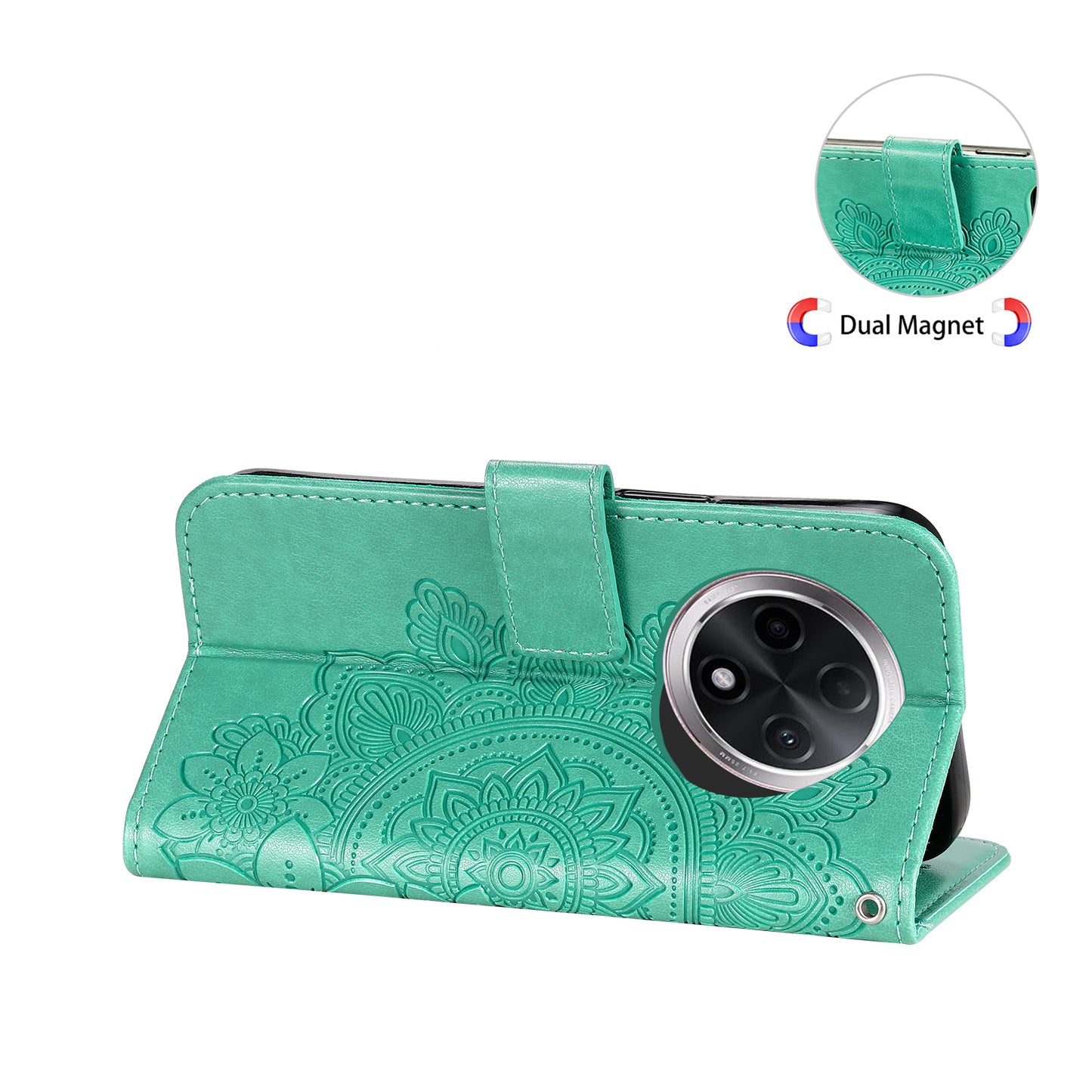 For Oppo A3 Pro 5G Wallet Case Flower Pattern PU Leather Phone Cover with Magnetic Clasp - Green