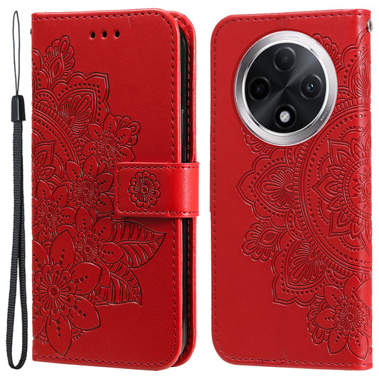 For Oppo A3 Pro 5G Wallet Case Flower Pattern PU Leather Phone Cover with Magnetic Clasp - Red