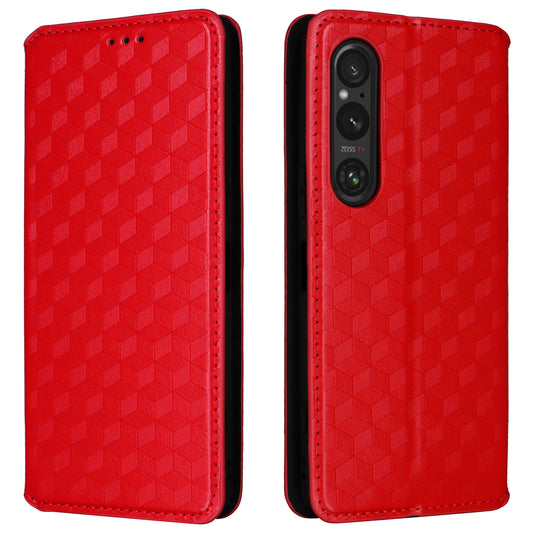 For Sony Xperia 1 VI Case Rhombus Pattern Magnetic Closing Leather Wallet Phone Cover - Red