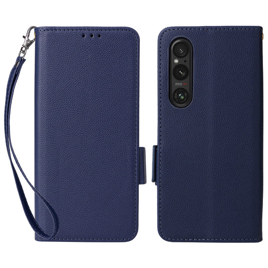 For Sony Xperia 1 VI Case with Hand Strap Litchi Texture Stand Phone Cover - Dark Blue