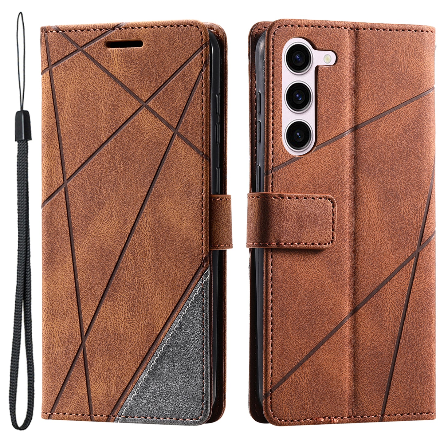 For Samsung Galaxy S23 Case Imprinted Lines Leather Cover with Wallet Stand - Brown
